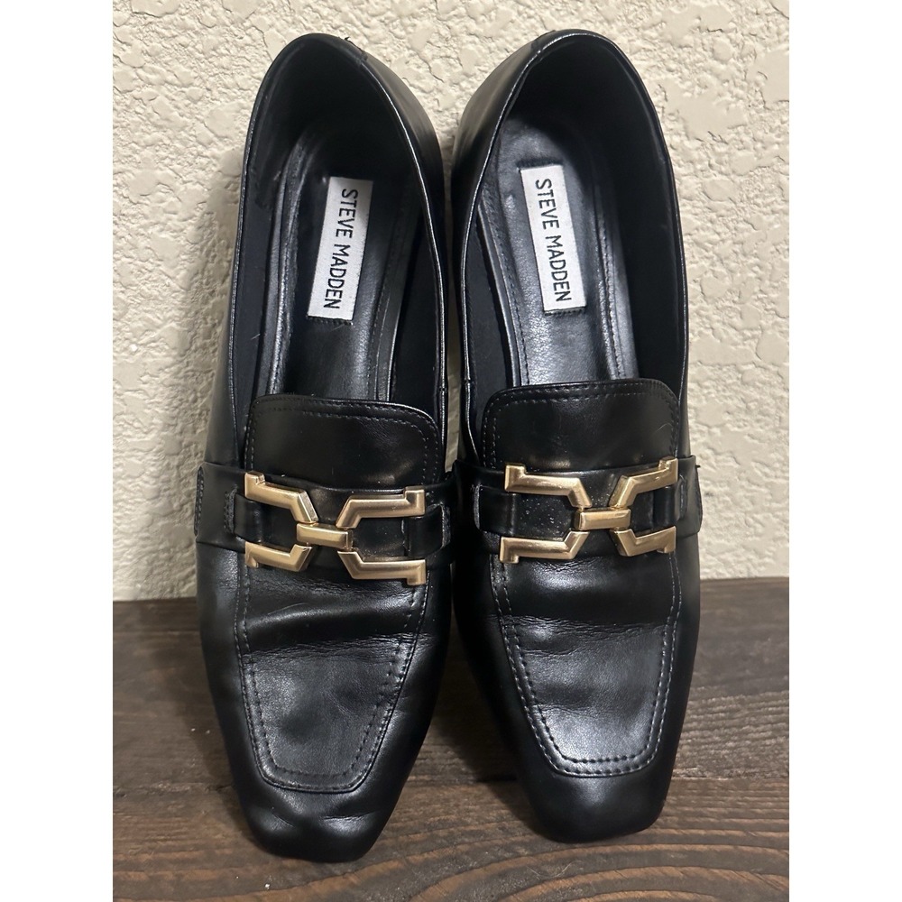 Steve Madden Ryann Women's 9 M Loafers Black Leather Gold Chain Bit Preppy - Picture 4 of 15